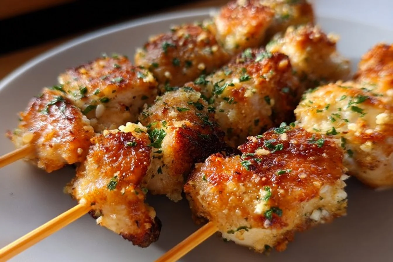 Juicy Keto Garlic Parmesan Chicken Skewers ready to be served
