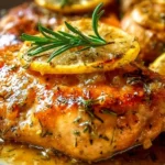 Plate of easy lemon dill chicken garnished with fresh herbs.