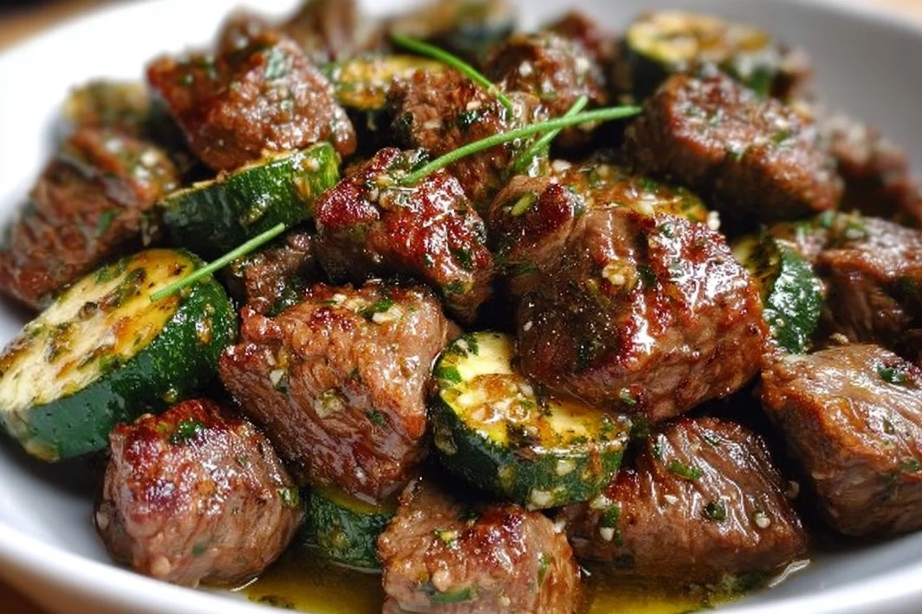 Succulent Garlic Butter Steak Bites plated with herbs and spices