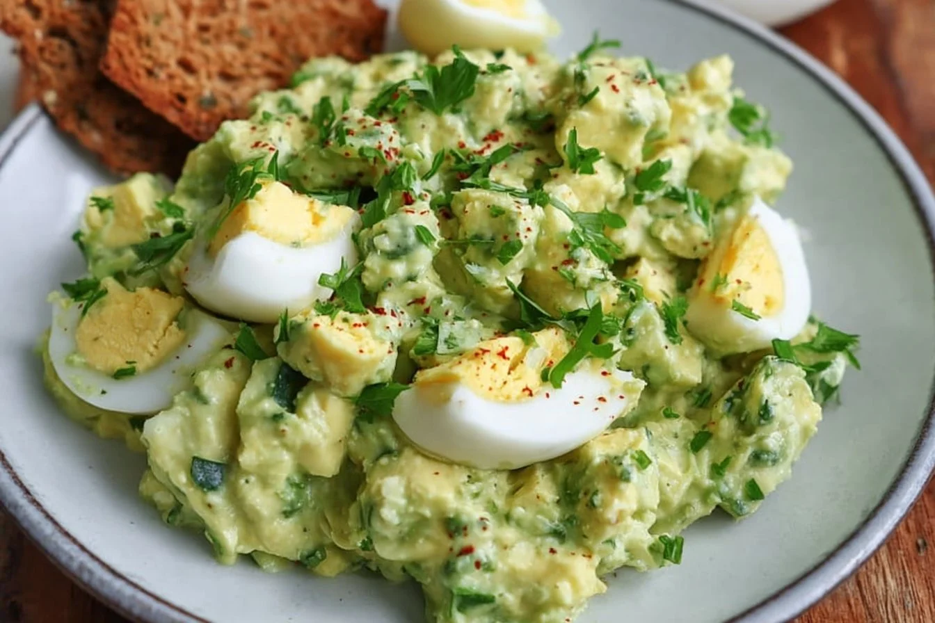 Herby avocado egg salad served on a plate with fresh herbs and a spoon