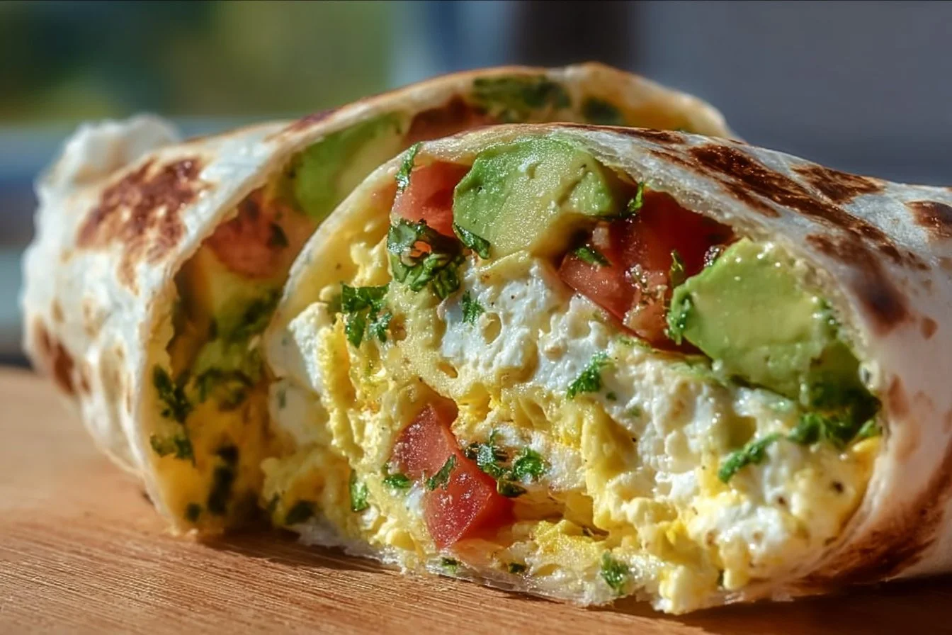 High-protein breakfast wrap with cottage cheese and avocado on a plate