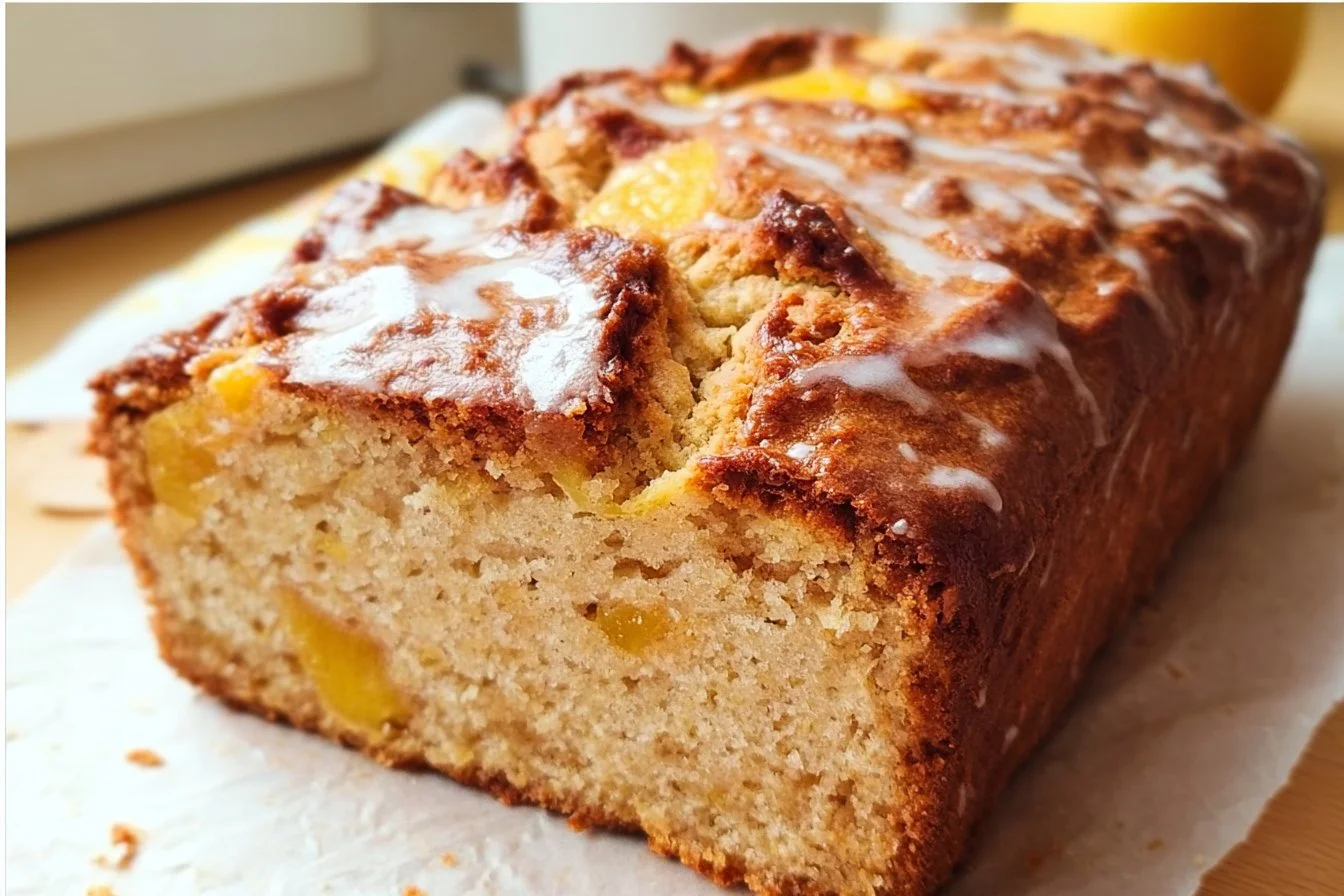 Freshly baked homemade nectarine bread with ripe nectarines.
