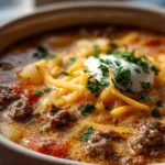 Keto beef cheeseburger soup in a bowl topped with cheese and herbs