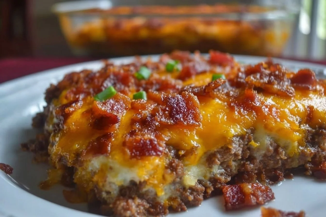 Delicious Low-Carb Bacon Cheeseburger Casserole in a serving dish