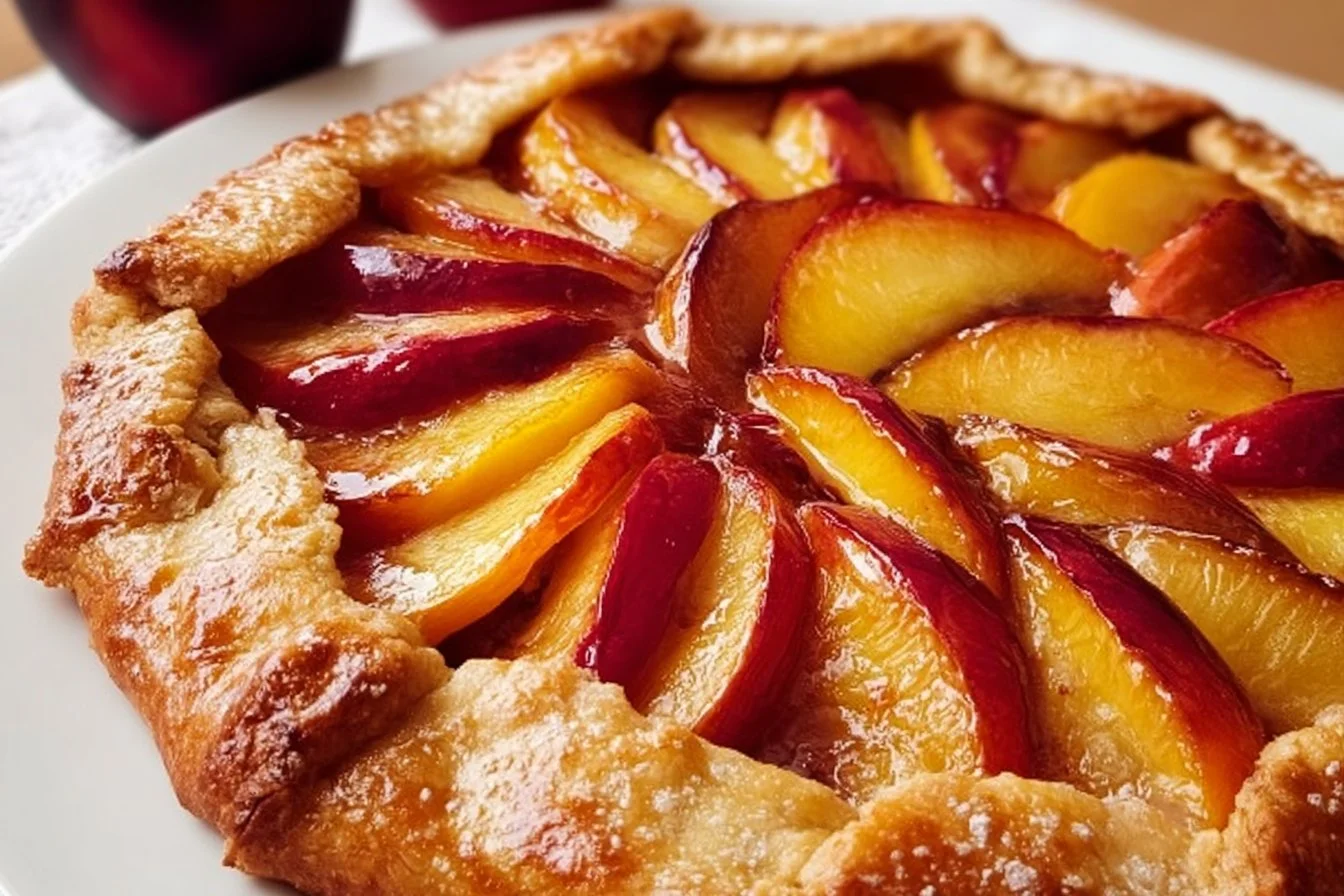 Homemade nectarine galette with fresh fruit on a rustic wooden table