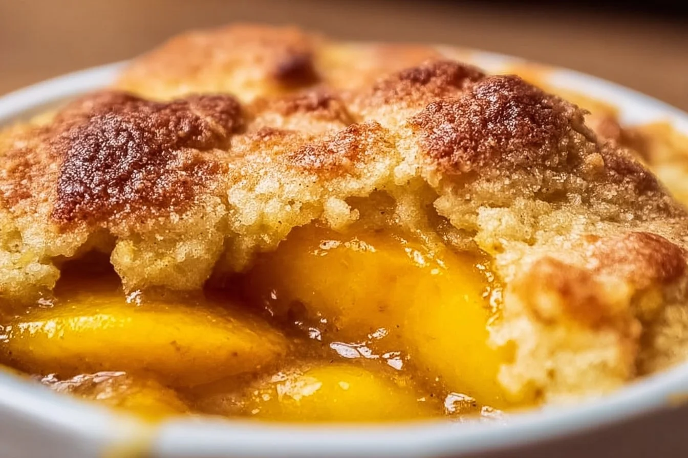 Delicious peach cobbler made with canned peaches, served warm
