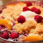 Peach Cobbler with Raspberries served in a dish, topped with vanilla ice cream.