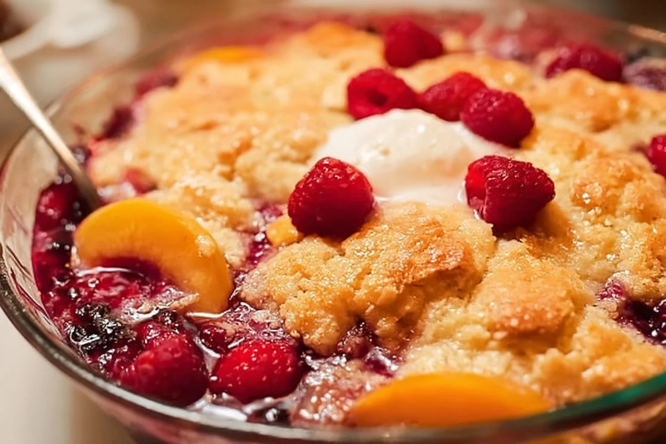 Peach Cobbler with Raspberries served in a dish, topped with vanilla ice cream.