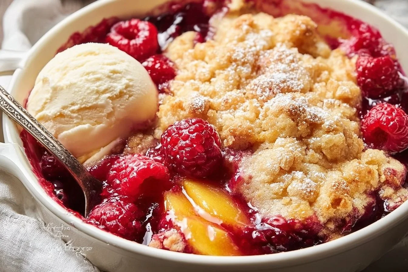 Peach Cobbler with Raspberries