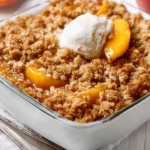Bowl of peach crisp made with canned peaches on a wooden table