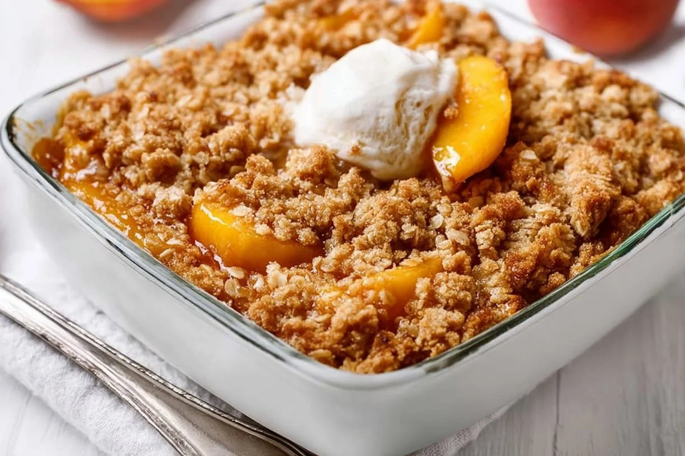 Bowl of peach crisp made with canned peaches on a wooden table