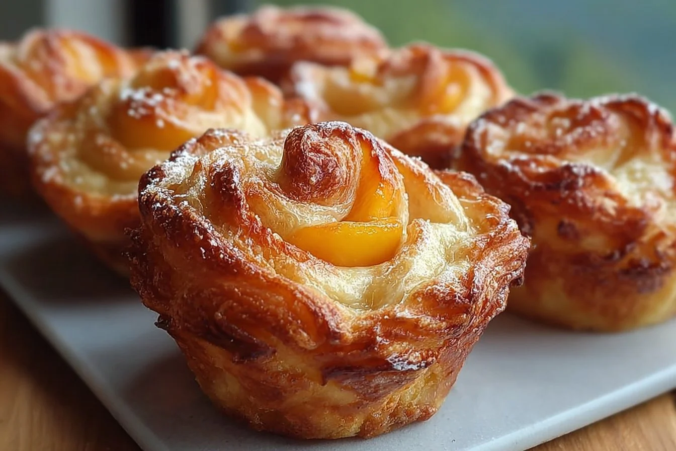 Homemade peach pie cruffins on a rustic table