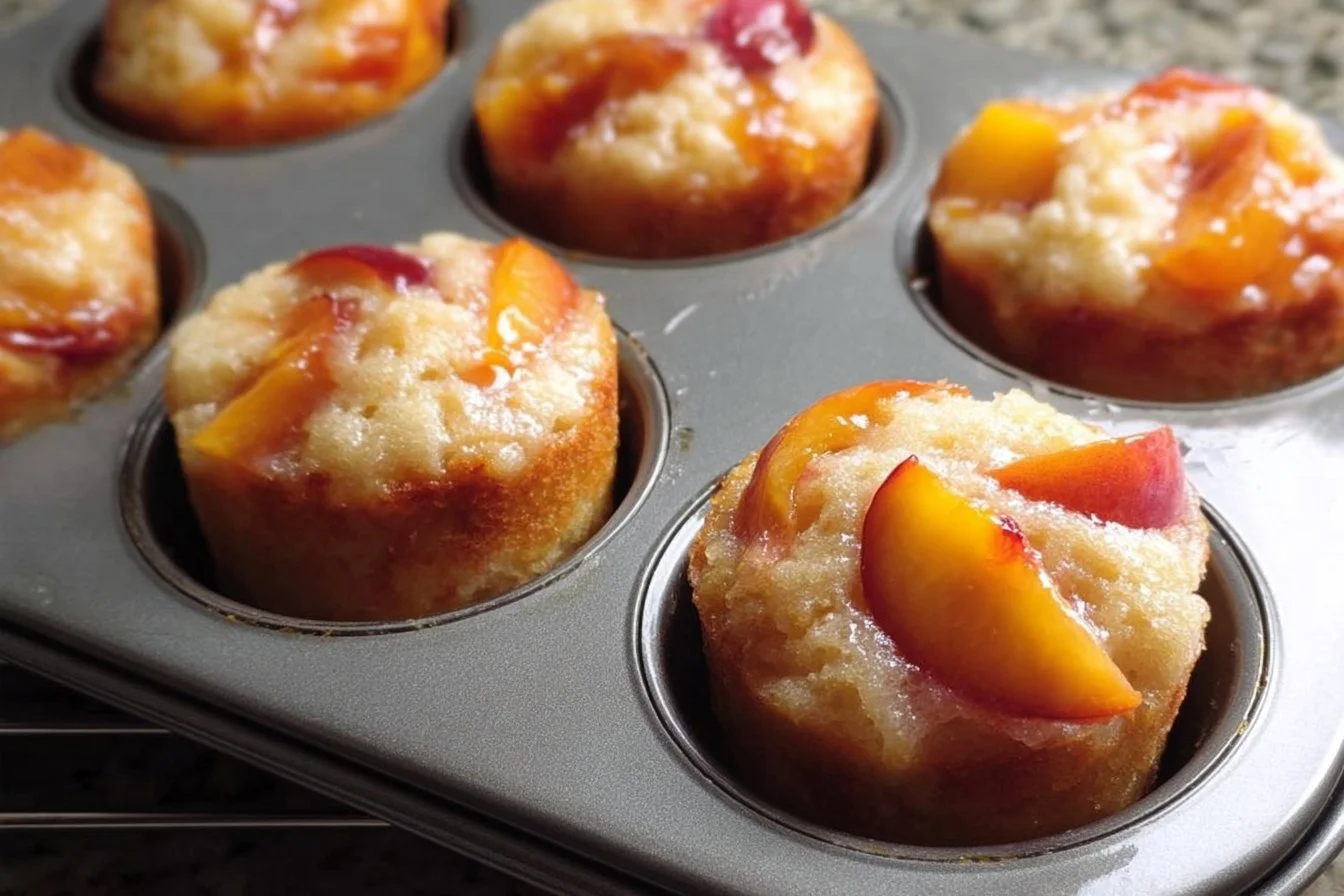 Peach Upside Down Mini Cakes on a plate with fresh peach slices