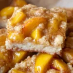 Delicious Peaches and Cream Crumble Bars with fresh peaches and creamy topping.