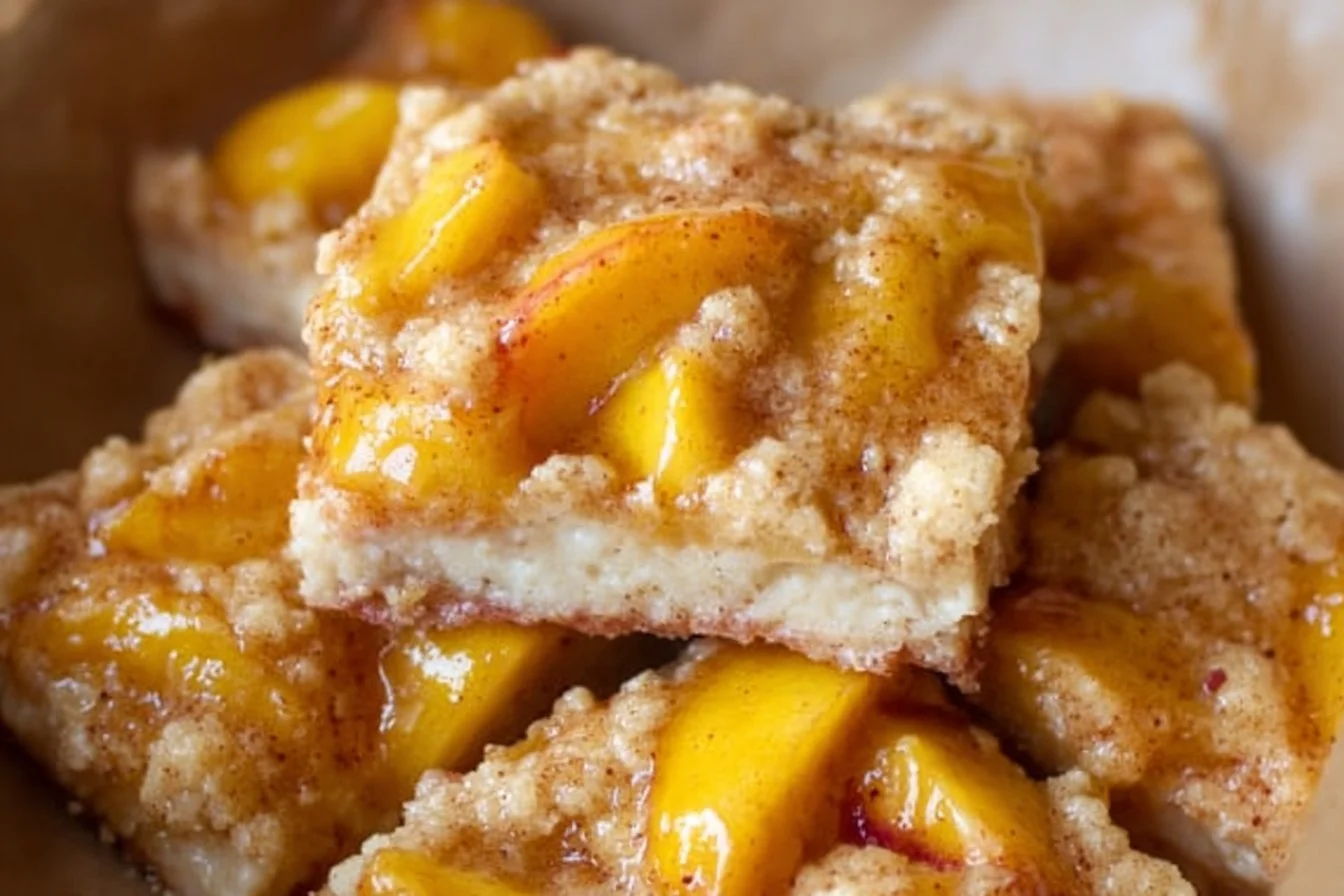Delicious Peaches and Cream Crumble Bars with fresh peaches and creamy topping.