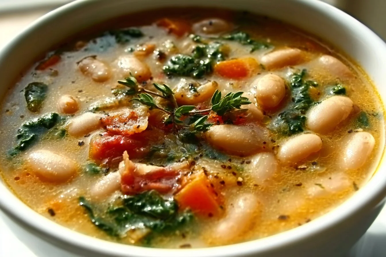 High protein white bean soup in a bowl, garnished with herbs