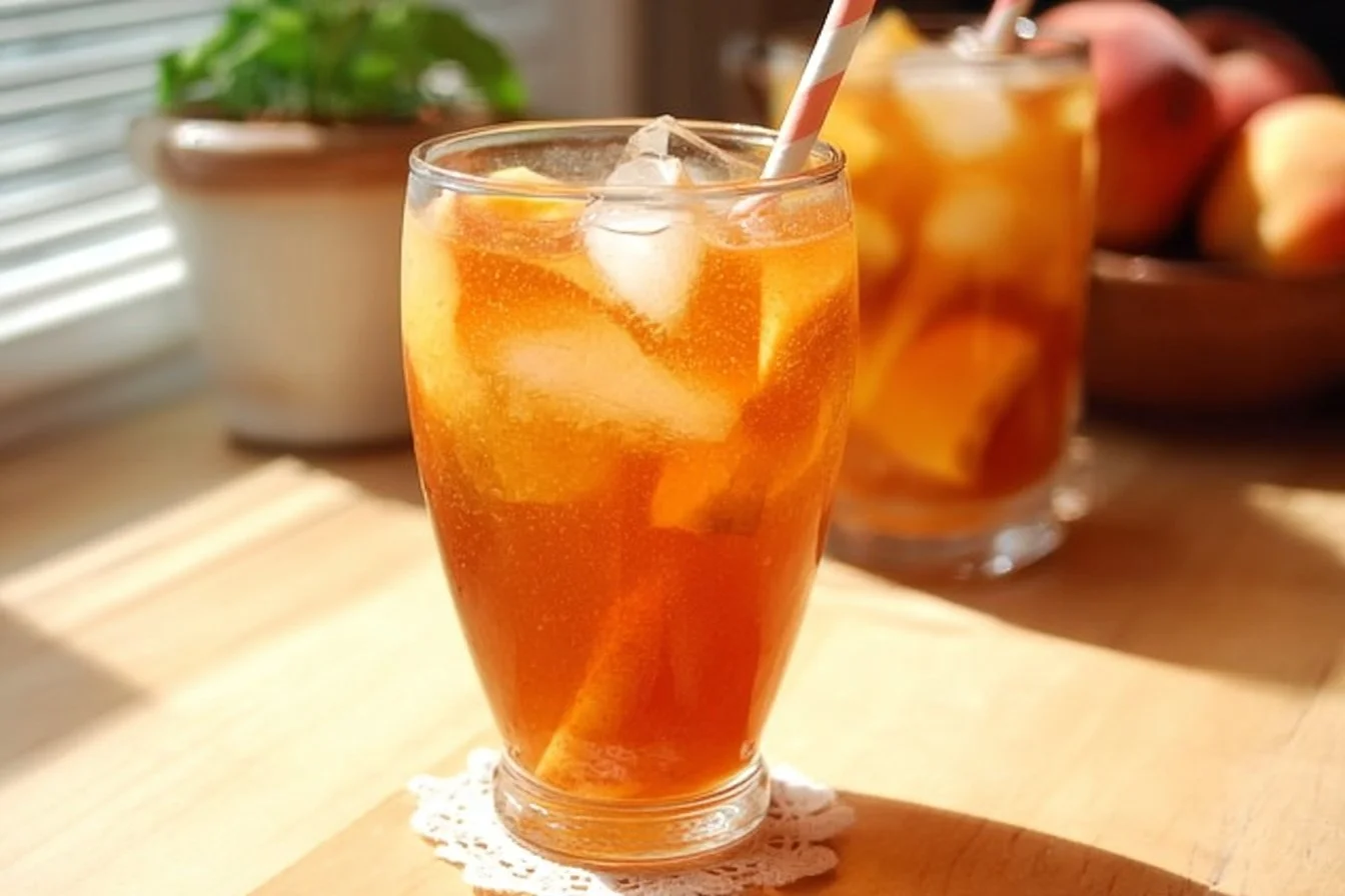 Glass of Southern Peach Tea with peaches and mint garnish on a wooden table