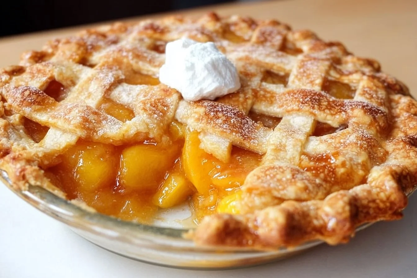 Delicious homemade peach pie with a golden crust and fresh peach filling