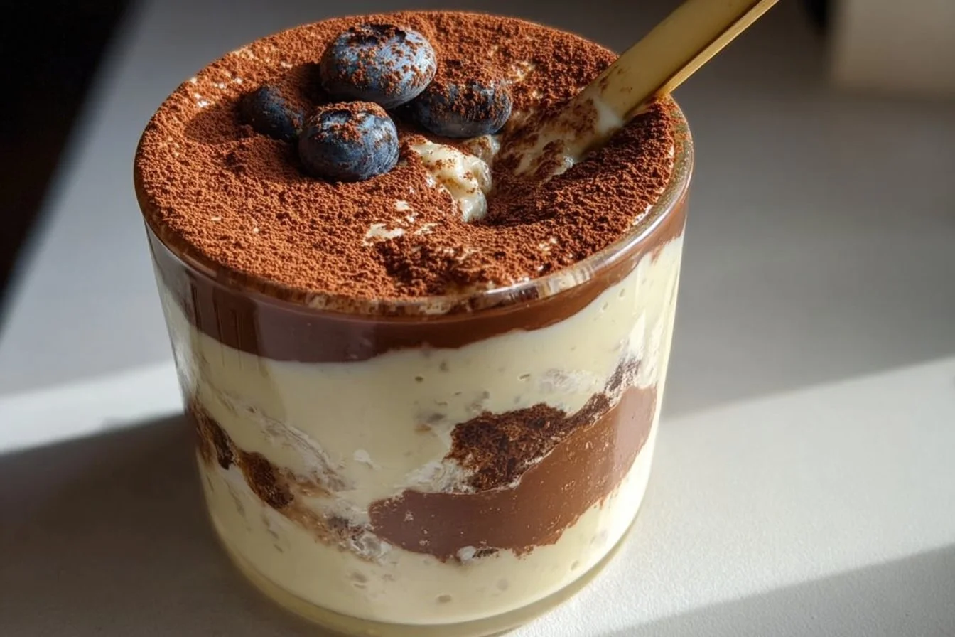 Delicious tiramisu overnight oats topped with cocoa and coffee for a nutritious breakfast.