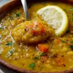 Bowl of Vegan Lemon Lentil Soup garnished with lemon and herbs