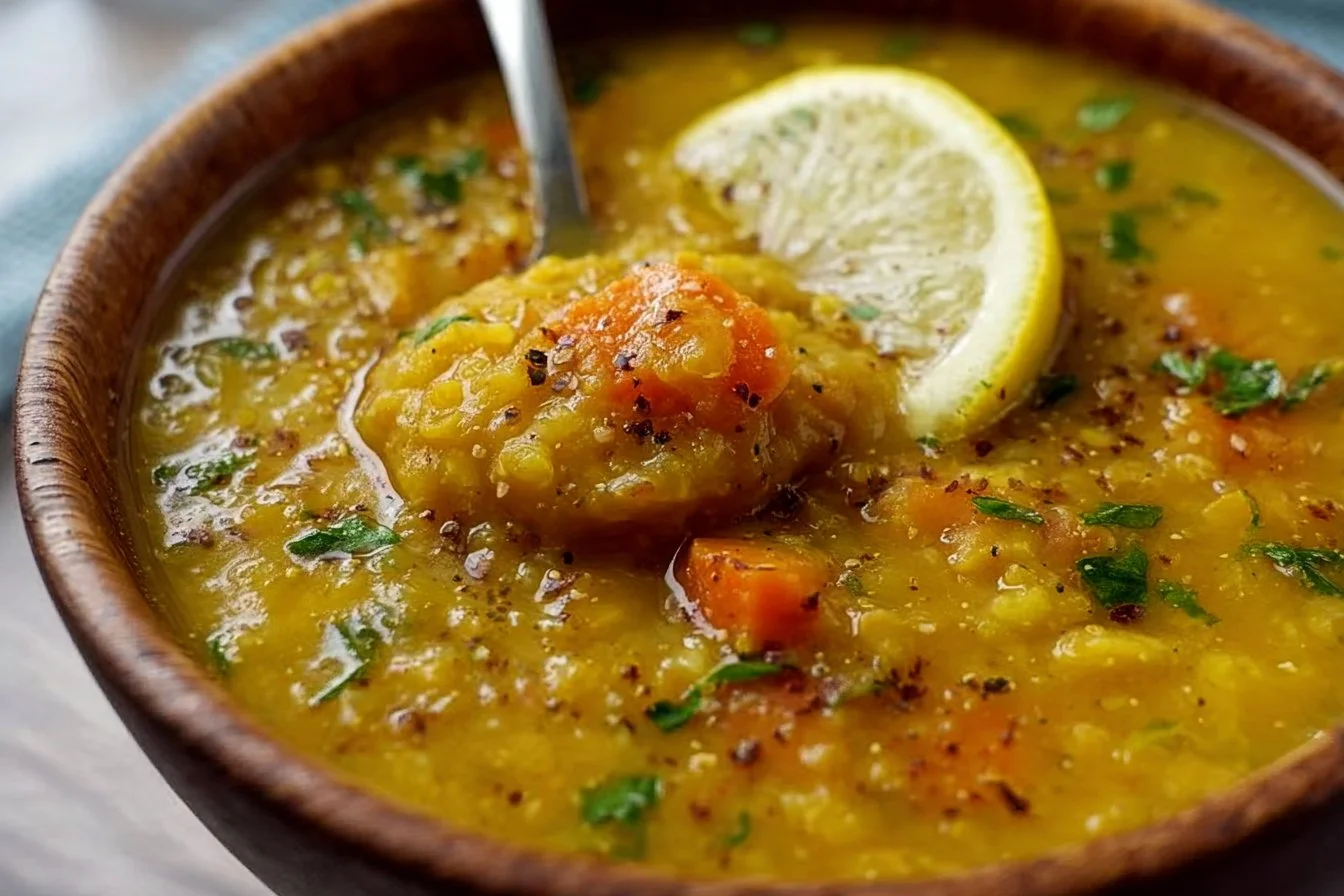 Bowl of Vegan Lemon Lentil Soup garnished with lemon and herbs