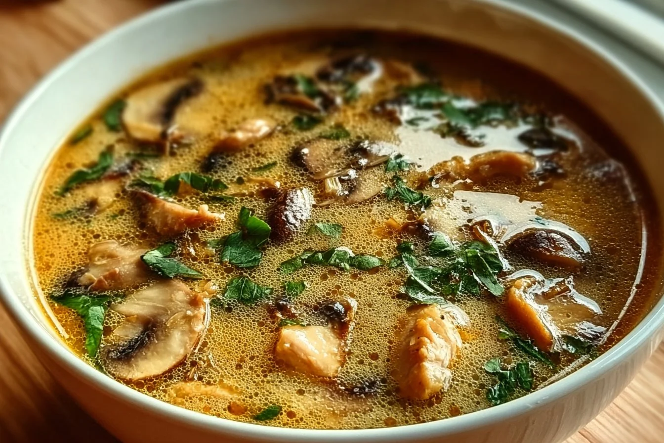 A bowl of clean chicken mushroom soup, perfect for cozy nights.