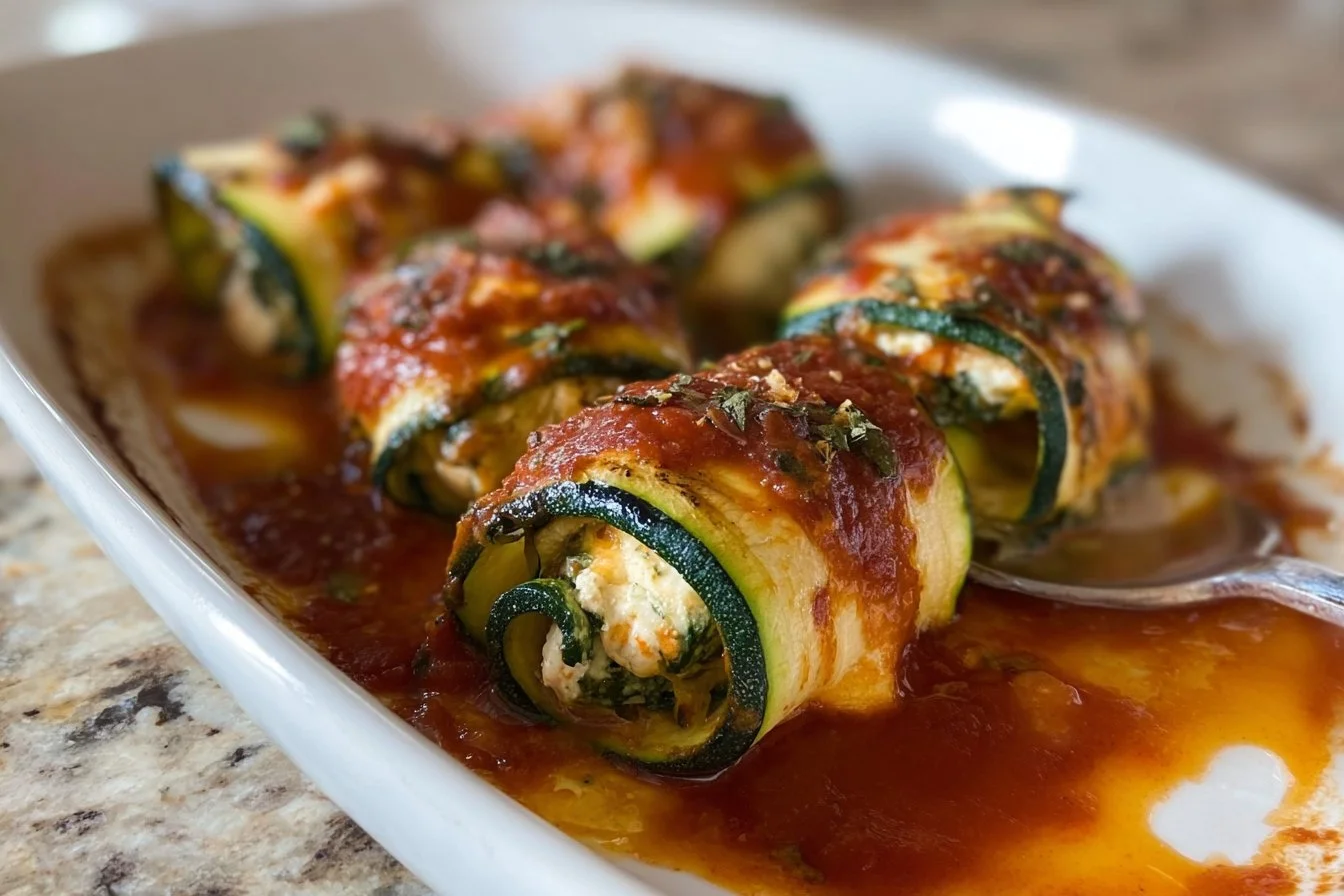Plate of Zucchini Rollatini garnished with fresh herbs and cheese